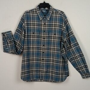 Ralph Lauren Vintage Men's Blue Plaid Flannel Long Sleeve Button-Up Shirt sz XL